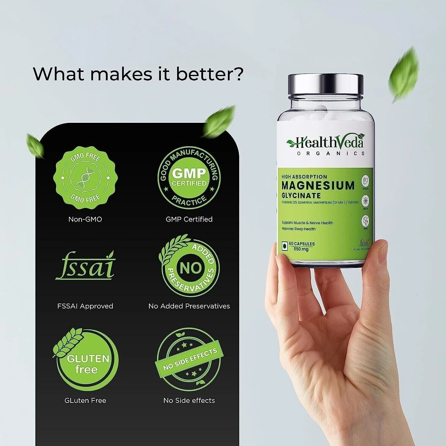 Pure Magnesium Glycinate 550 mg High Absorption Improved Sleep, Stress & Anxiety