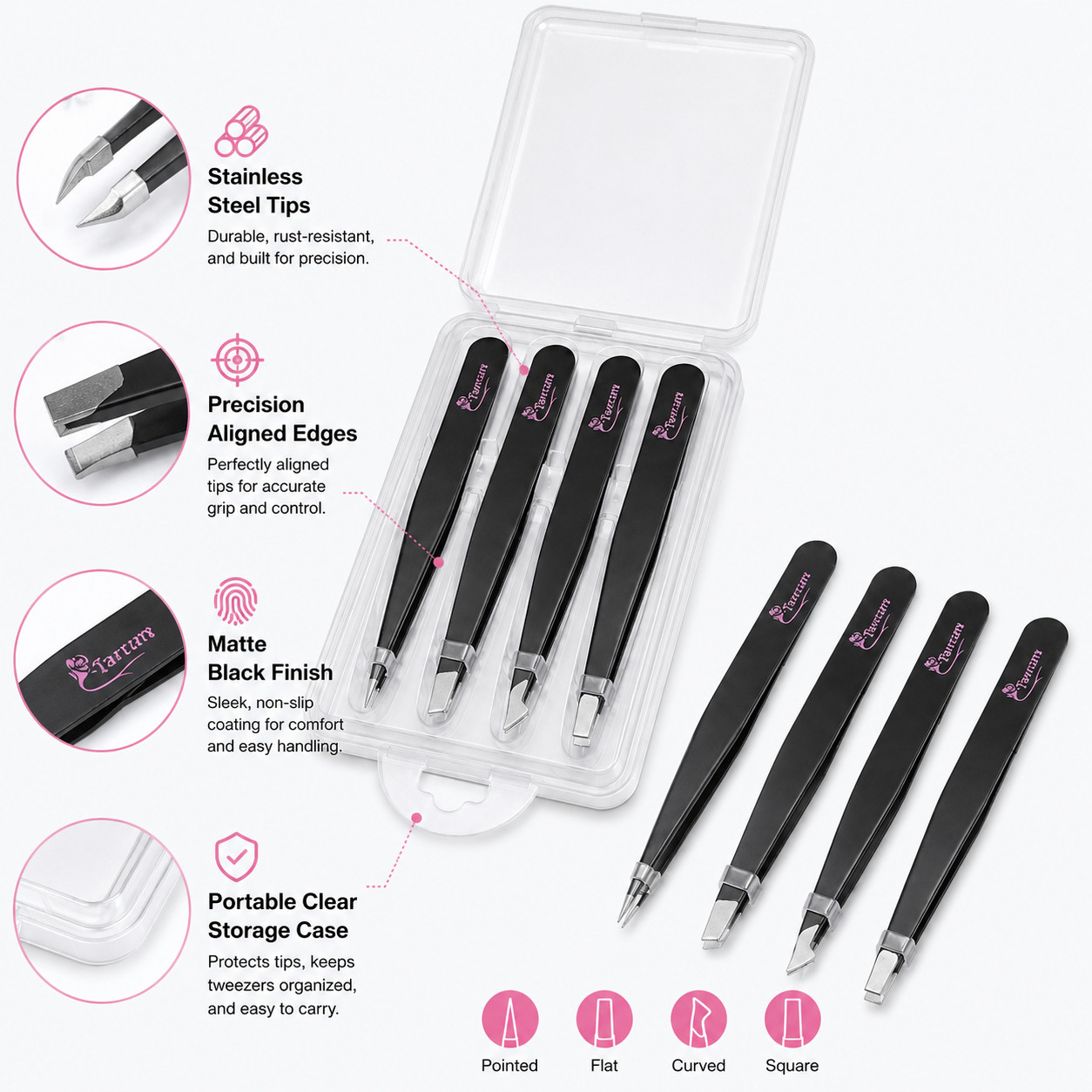4PCS Precision Tweezers Set Stainless Steel Eyebrow Hair Removal Grooming Tools