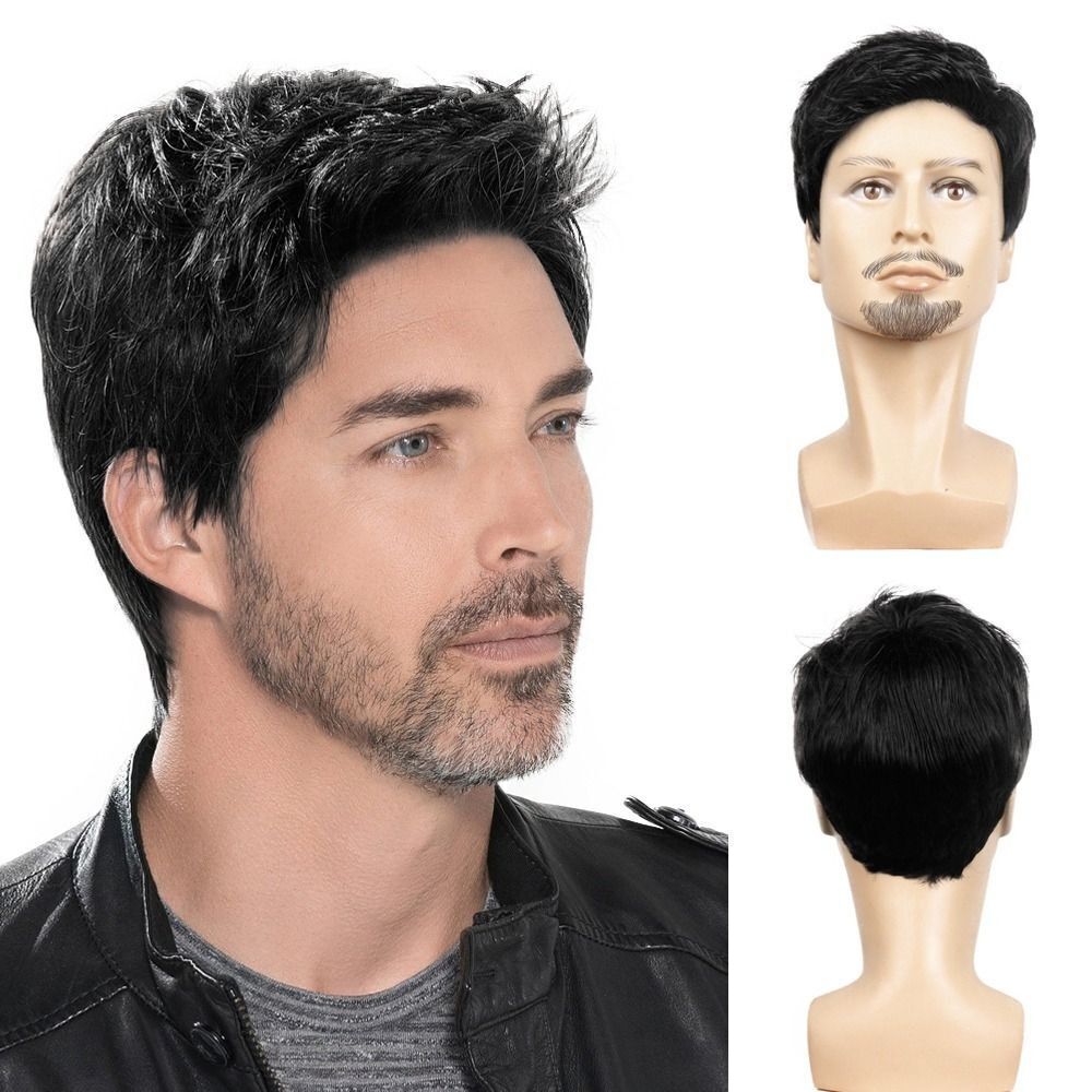 Handsome Adult Men Short Wavy Wig Natural Black Cosplay Party Layered Full Hair
