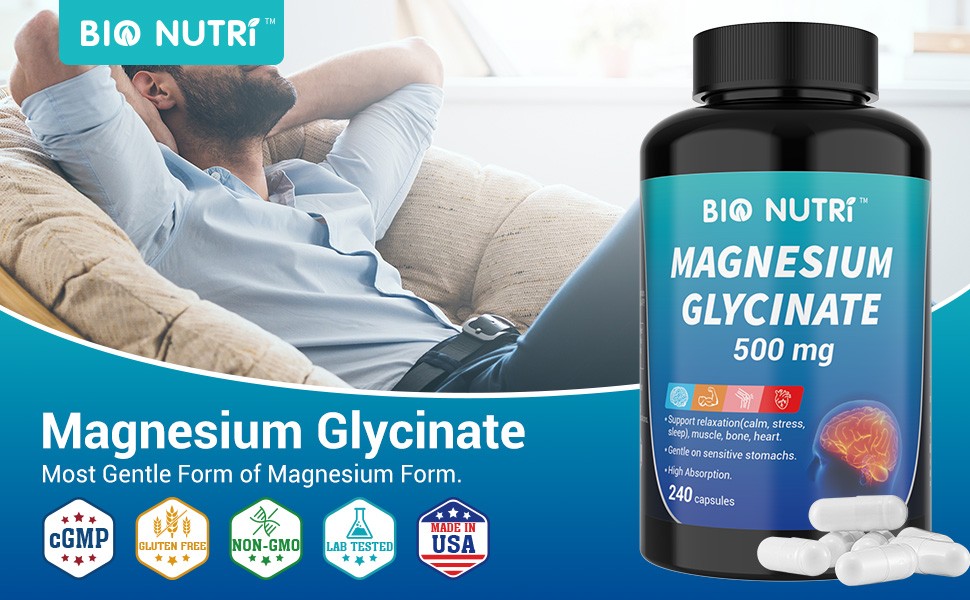 BIO NUTRI Magnesium Glycinate 500mg, 240 Capsules Elemental Magnesium Supplement