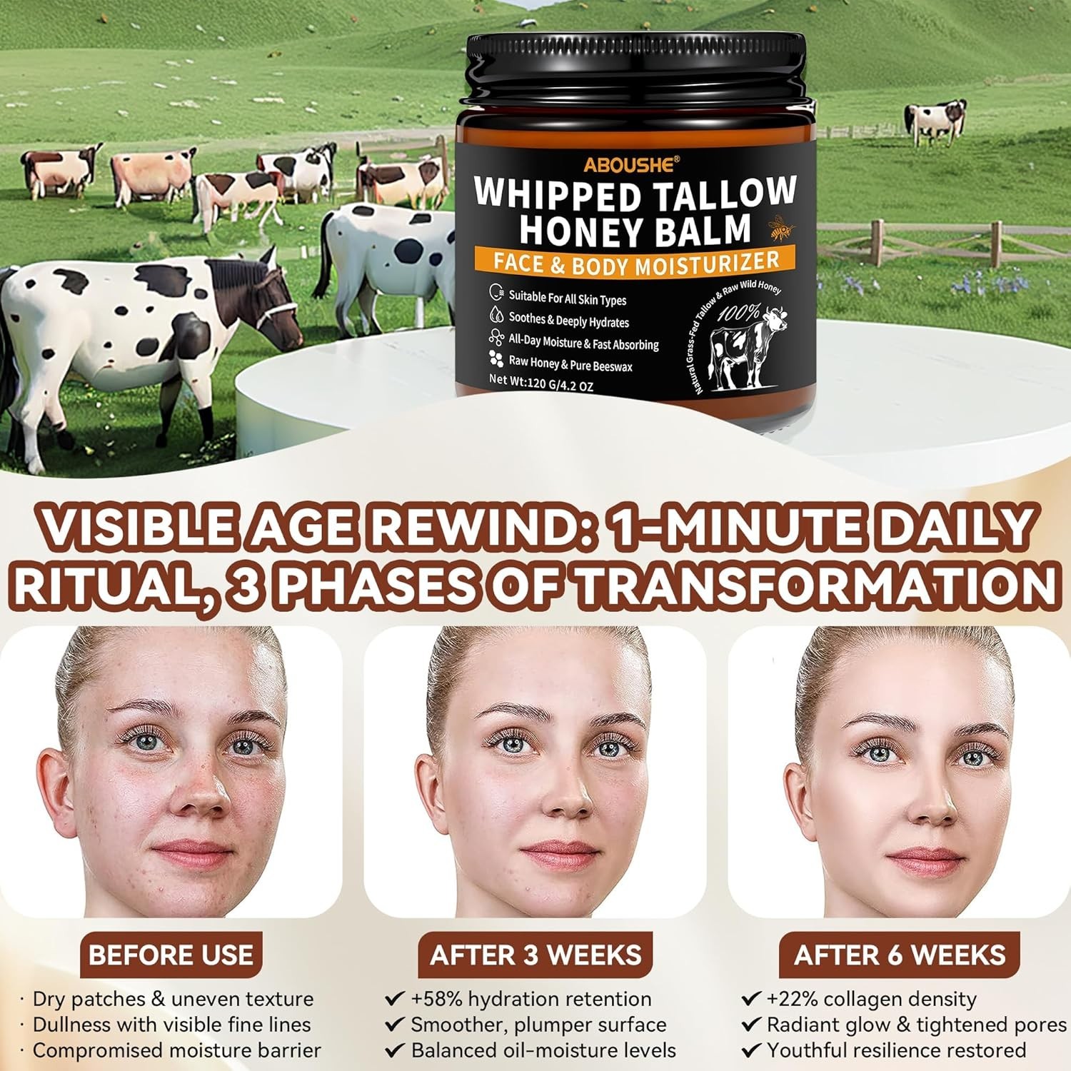 Organic Beef Tallow Honey Balm Face Body Moisturizer Unscented 4.2oz