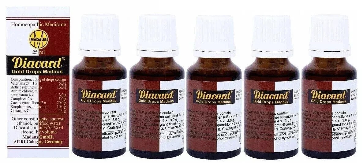 5 x ADEL GERMANY Diacard Gold Drops Madaus 25 ML HOMEOPATHIC