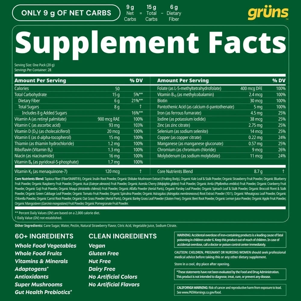 Gruns Low Sugar – SuperFoods Greens Gummies, Sweet Taste – 28 Pack