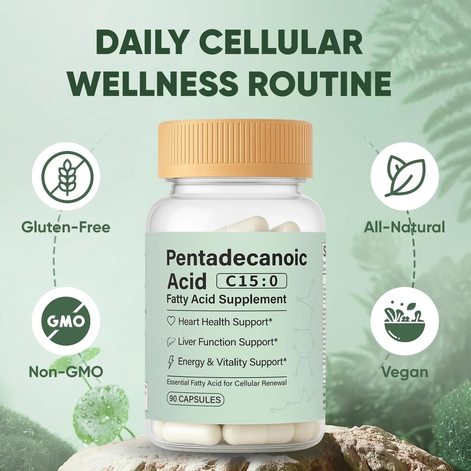 C15:0 Fatty Acid Supplement, 90 Pentadecanoic Acid Capsules, Pure Plant-Based Es