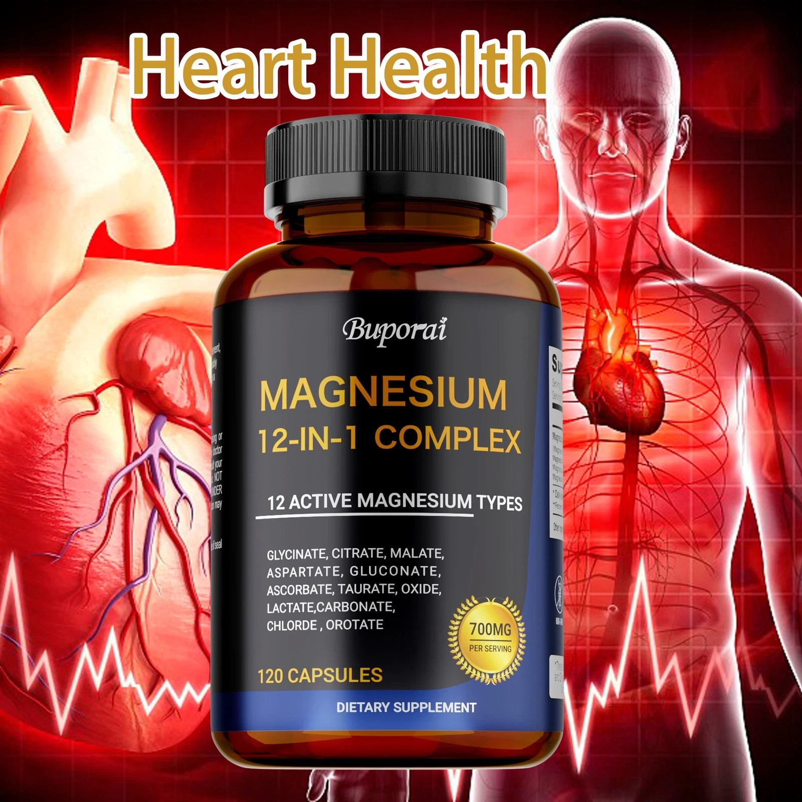 Magnesium Complex 12 in 1 Magnesium Glycinate/Citrate/Malate/Orotate USA 3X120C