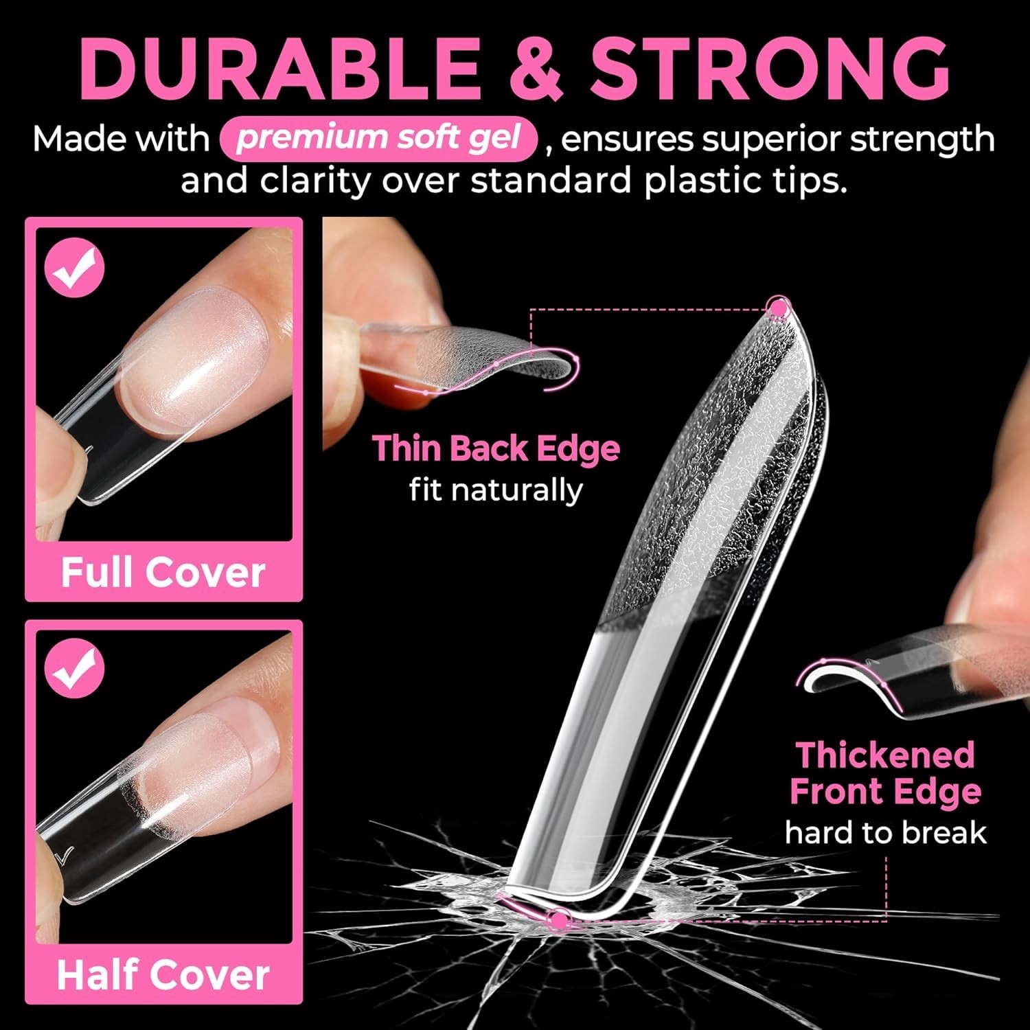 Versatile Square Nail Tips 216 Pieces Clear Press On for Acrylic and Gel Use