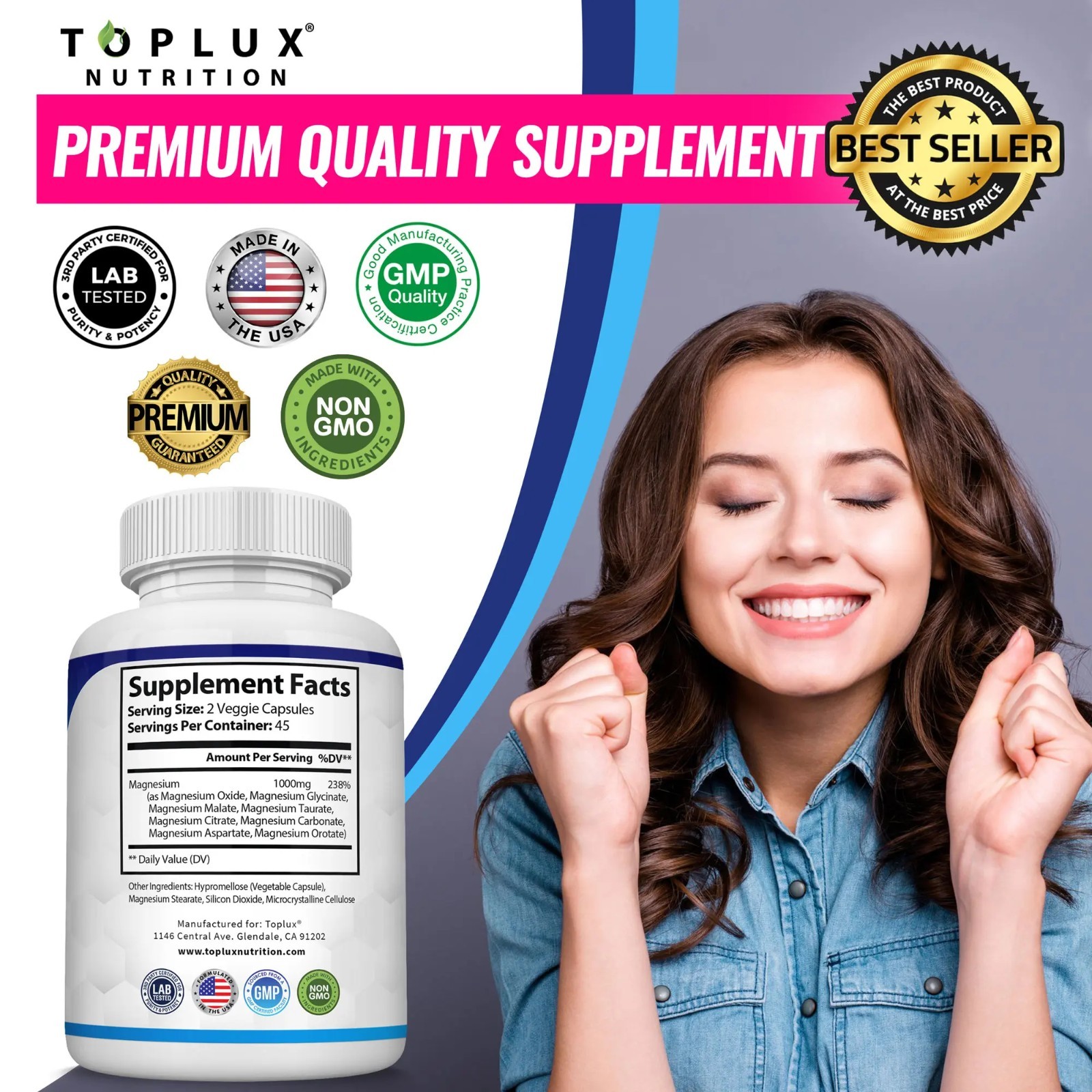 Toplux Magnesium Complex 1000mg Supplement 8 Forms for Bone & Muscle Support
