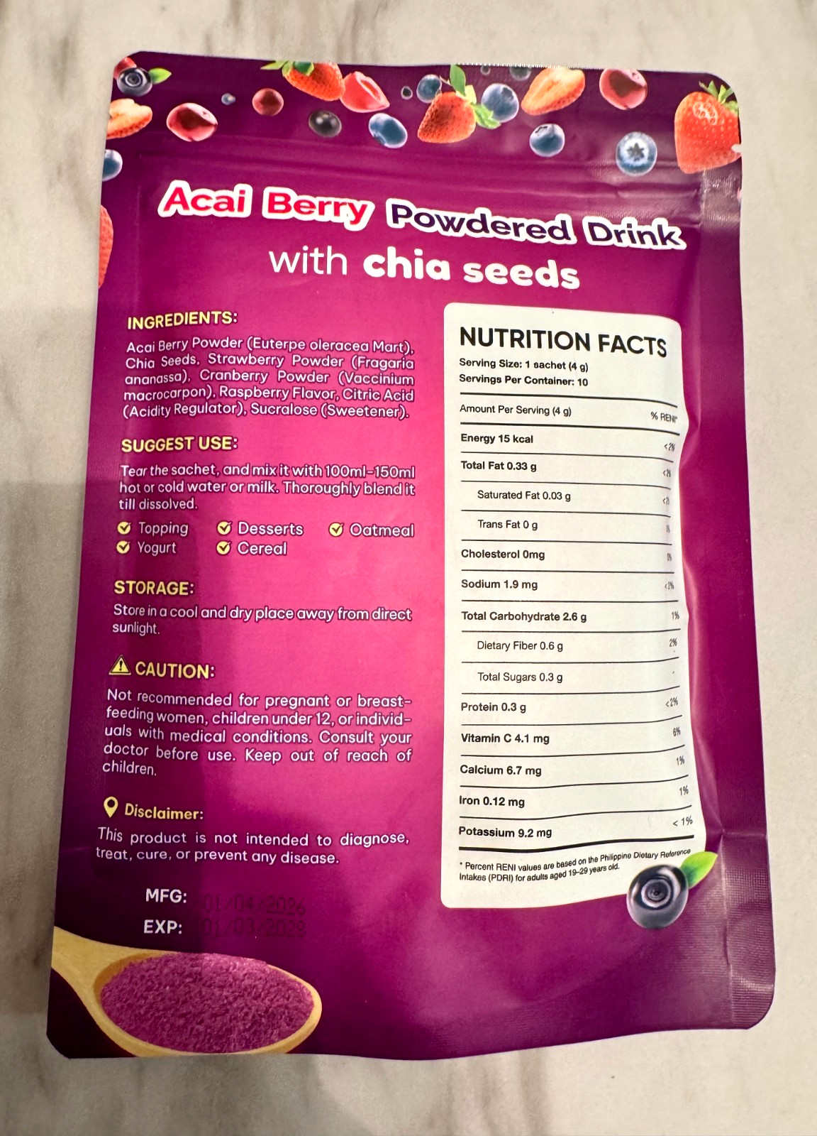 3 Packs FITGUM Acai Berry Drink Powder w/ Chia & Collagen – 30 Sachets