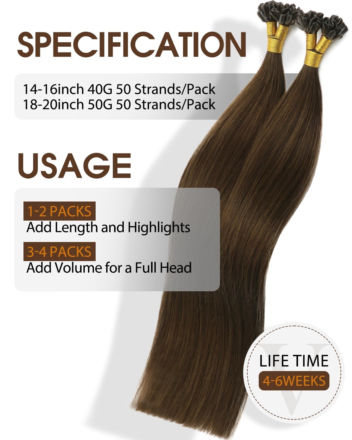 Vinbao U Tip Hair Extensions Human Hair Chocolate Brown 18In 50G 50S Hot Fusion