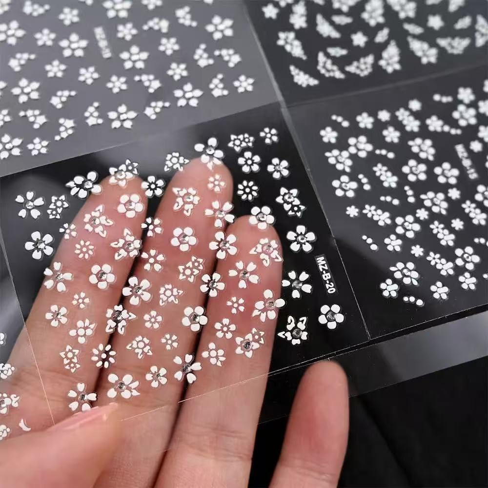 White Flower Nail Art Stickers White Flower with Rhinestones Nail Decals 3D Self