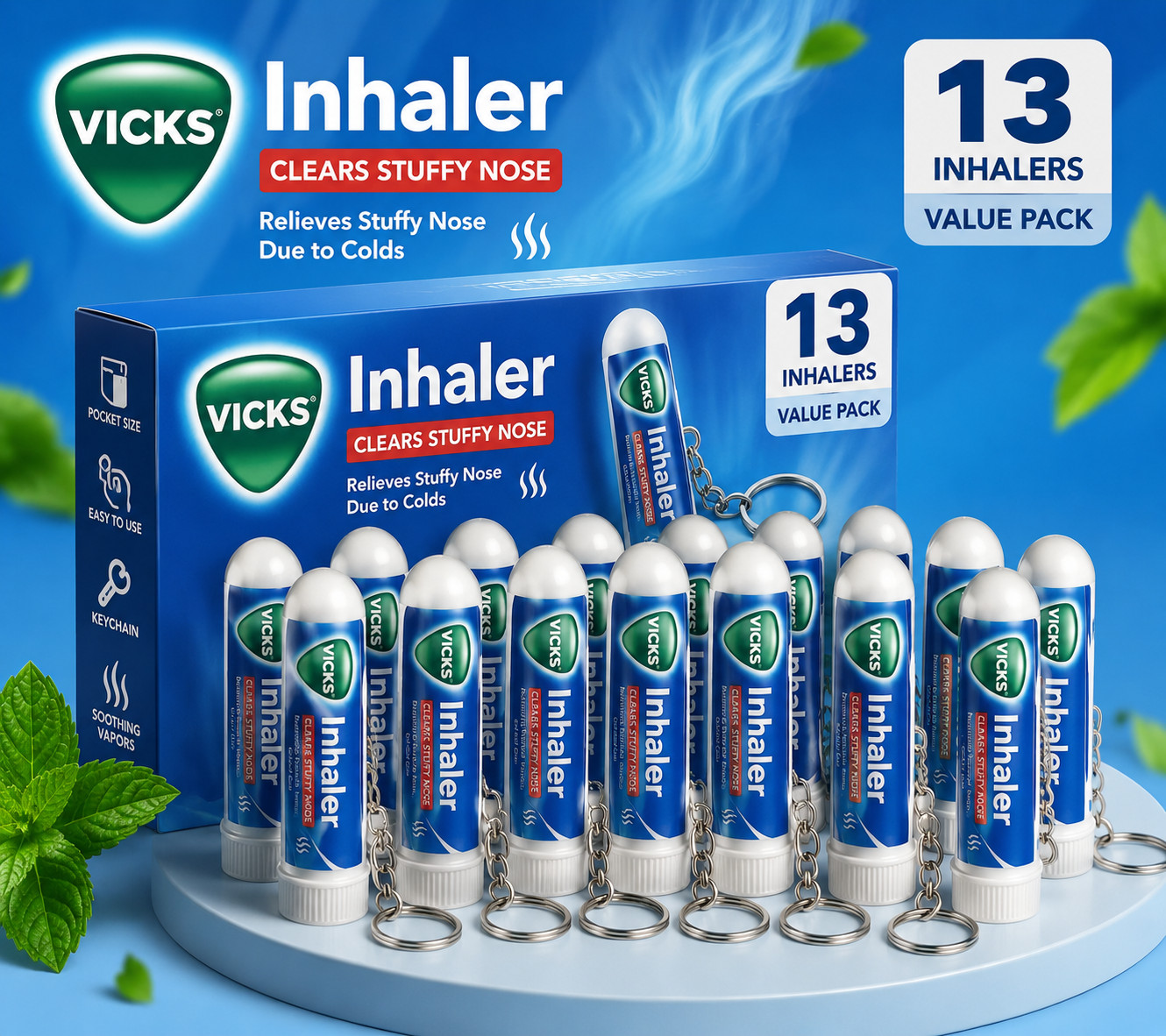 Vicks Inhaler .5ml(Pack of 13) Jar with Key Chain Cold Sinus Nasal Relief