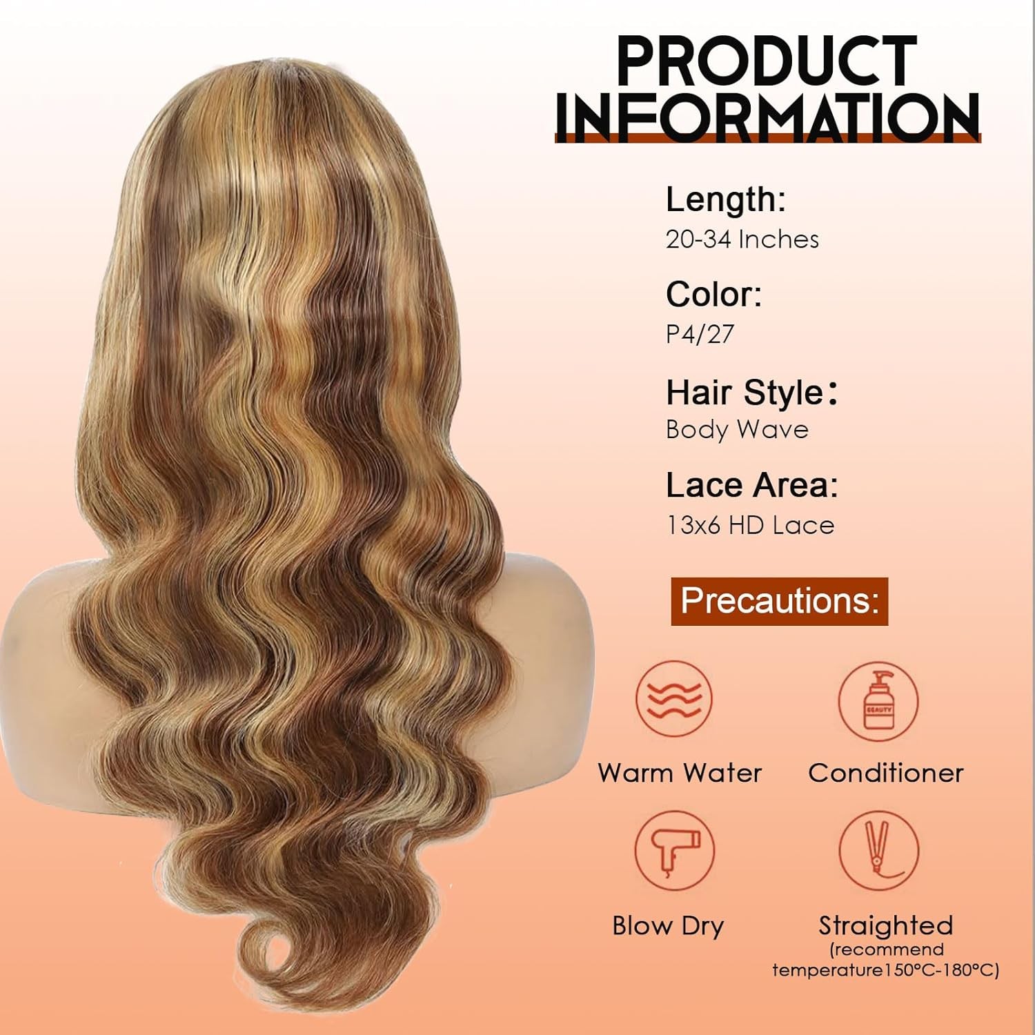 30 Inch Highlight Ombre Lace Front Wig Human Hair Honey Blonde Body Wave 13×6 HD