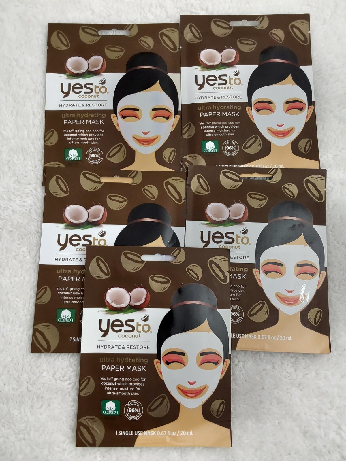 5x Yes To Coconut Hydrate & Restore Ultra Hydrating Paper Mask 0.67 oz each pack