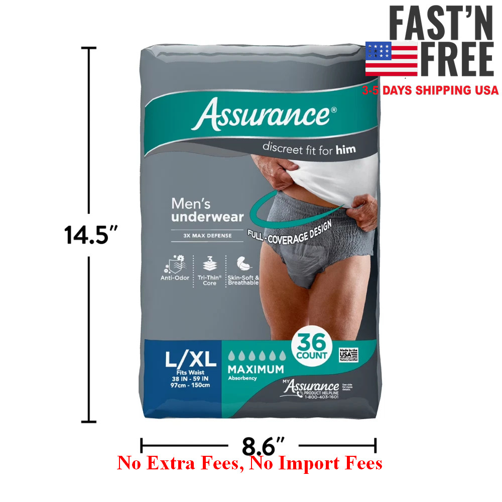 2 Pack Assurance Men’s Incontinence Underwear, L/XL, Maximum, 36 Ct, (72 Total)