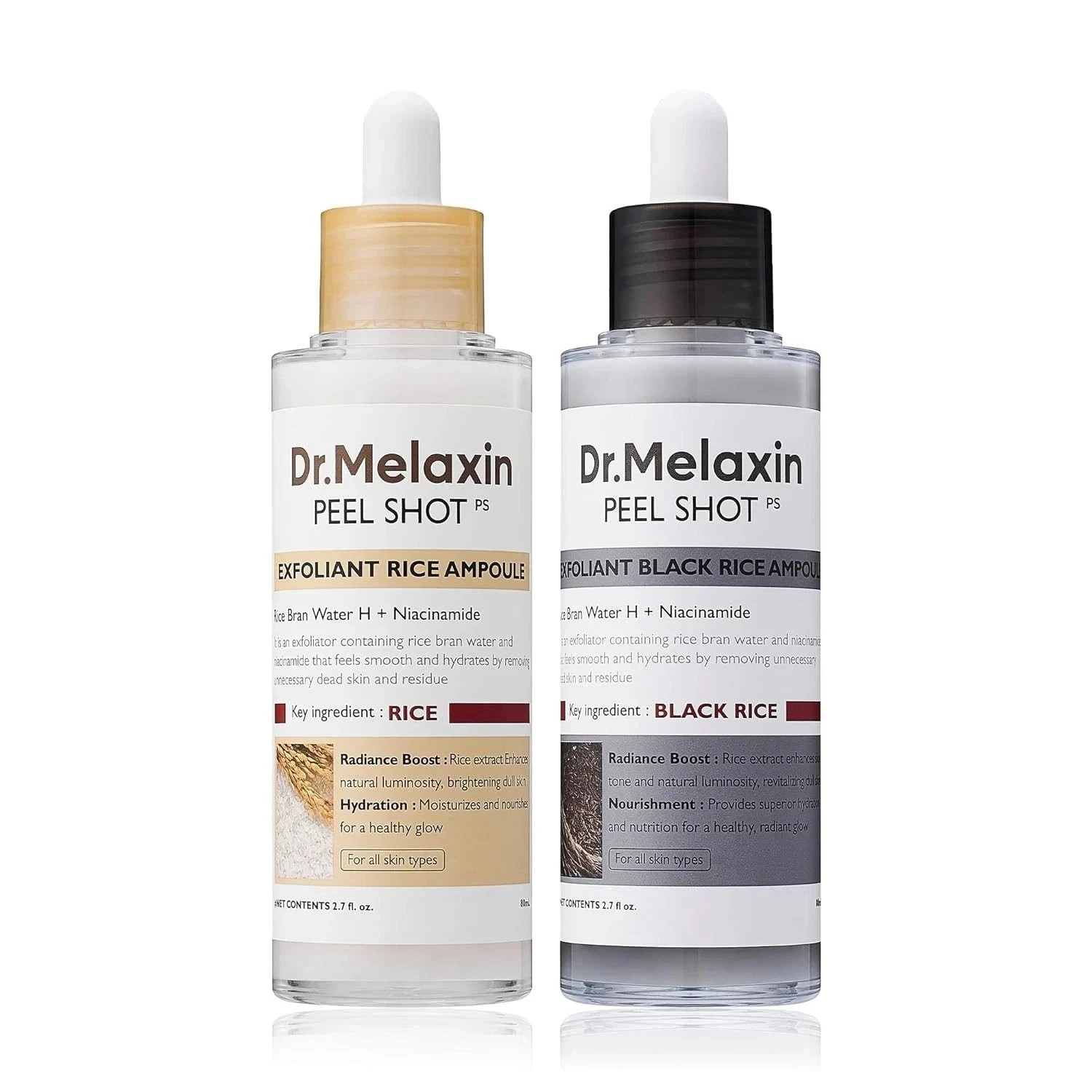 Dr.Melaxin Black & White Rice Peel Shot Ampoule, Gentle Acid Exfoliating Duo