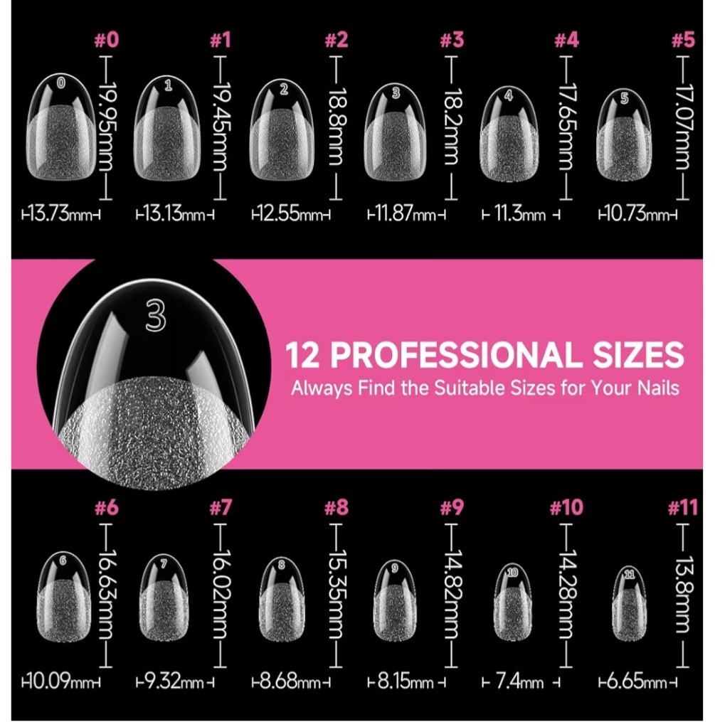 Acrylic Nail Tips For Full Cover Nail Extension. Oval 216 Pieces, 12 Sizes New