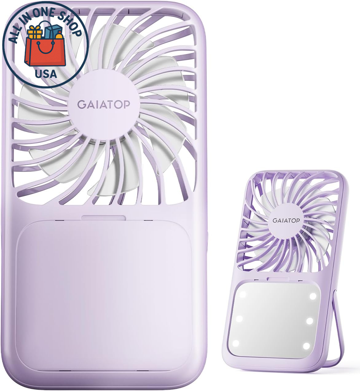 Portable Handheld Fan with LED Mirror and Rechargeable Battery