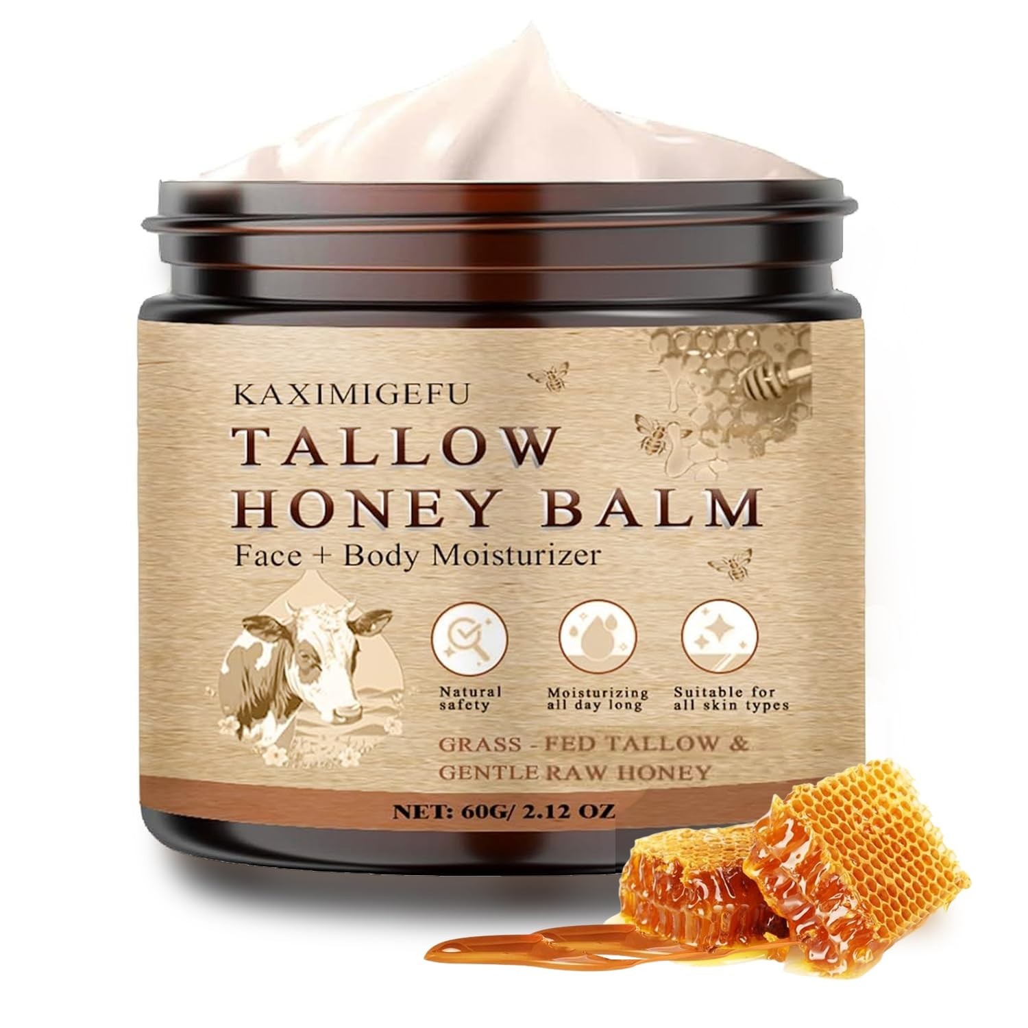 Grass Fed Whipped Beef Tallow Balm Honey Face Body Cream SPF20 2.8oz