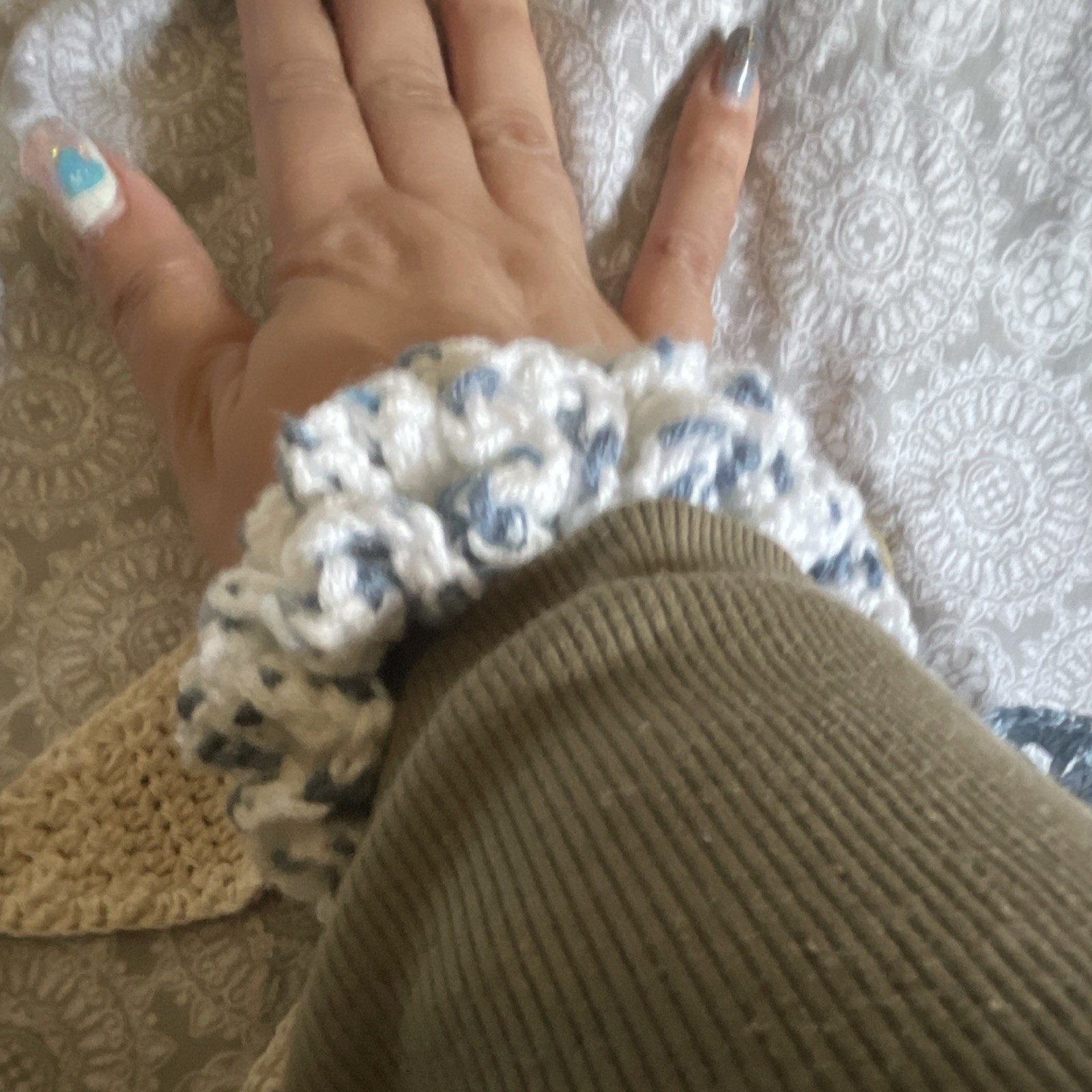 Crochet Scrunchie Set With Scarf Bow, Blue White Beige Hair Ties Women Adult