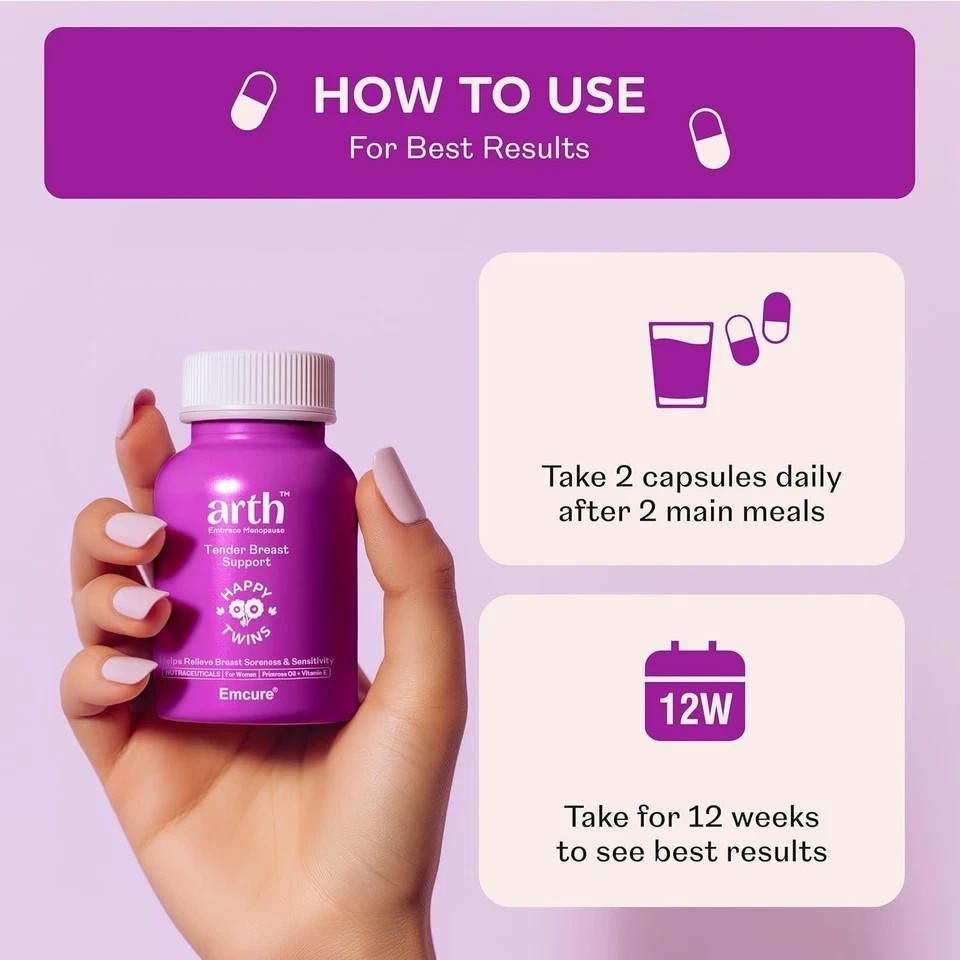Emcure Arth Tender Breast Support, 1000mg Breast Care Capsules, 60 Veg Capsules