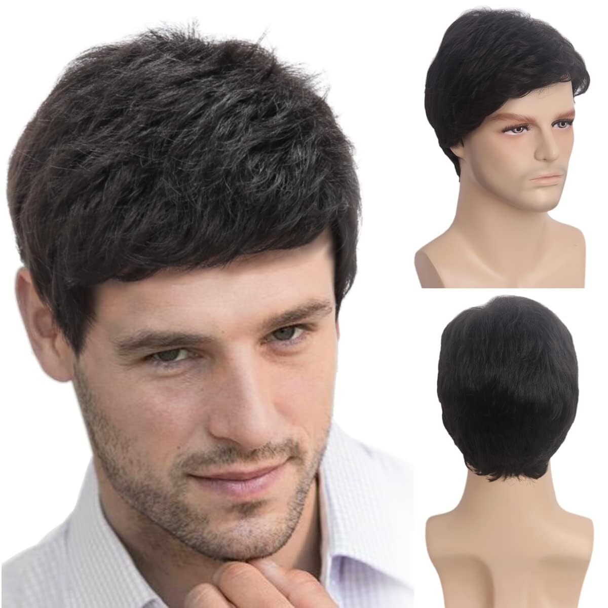 Handsome Adult Men Short Wavy Wig Natural Black Cosplay Party Layered Full Hair