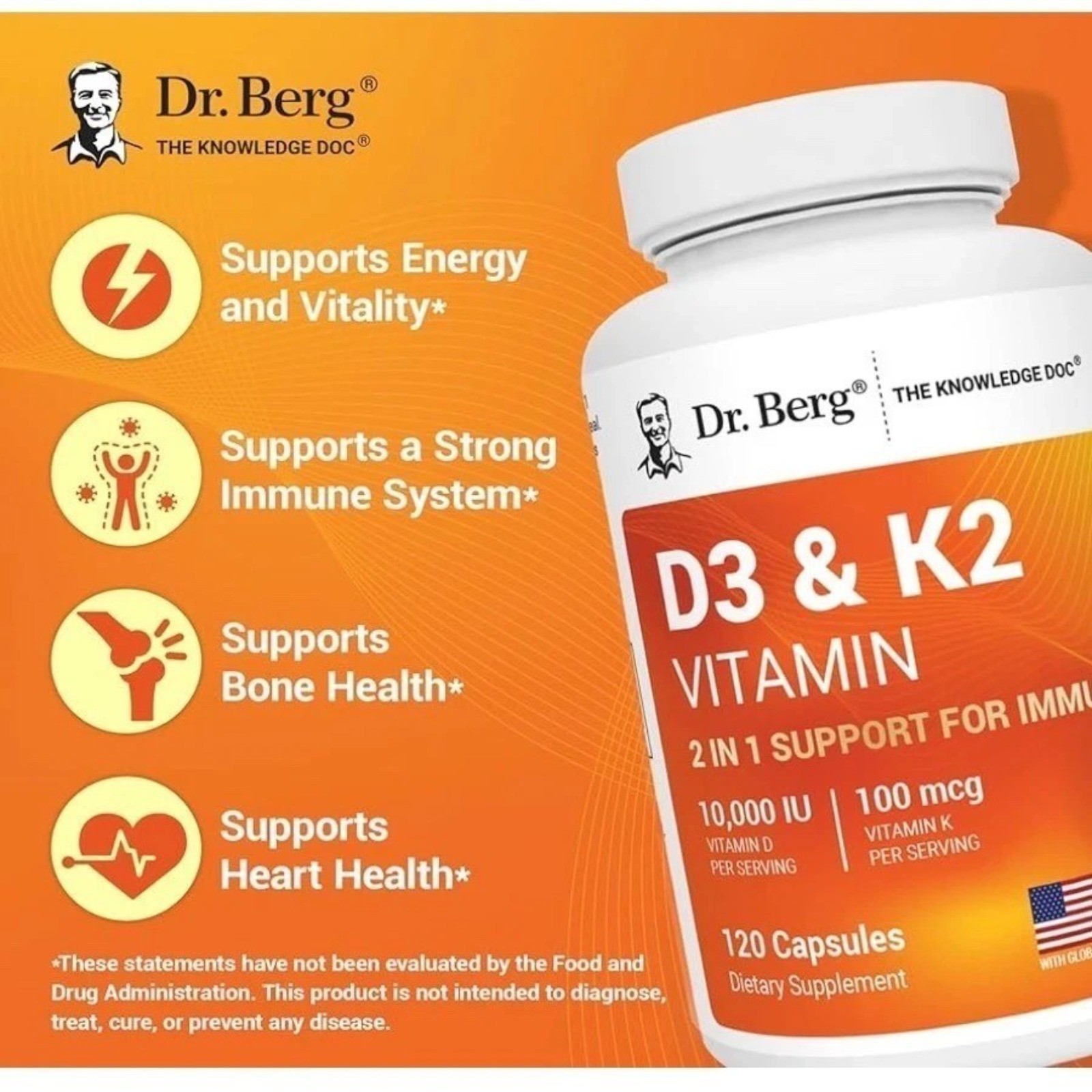 Dr. Berg’s Nutritionals 100mg Vitamin D3 & K2 Supplement – 120 Capsules