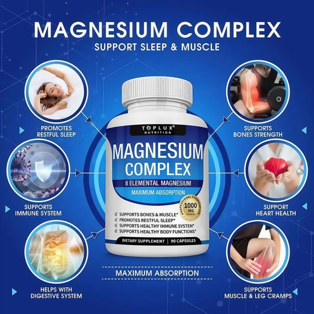 1-3Pack Toplux Nutrition Magnesium Complex 1000mg Supports 8 Elemental Magnesium