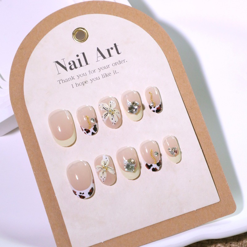 48Pcs-Cow Print 3D Flower Oval Press on Nails Yellow French Rhinestone Fake Nail