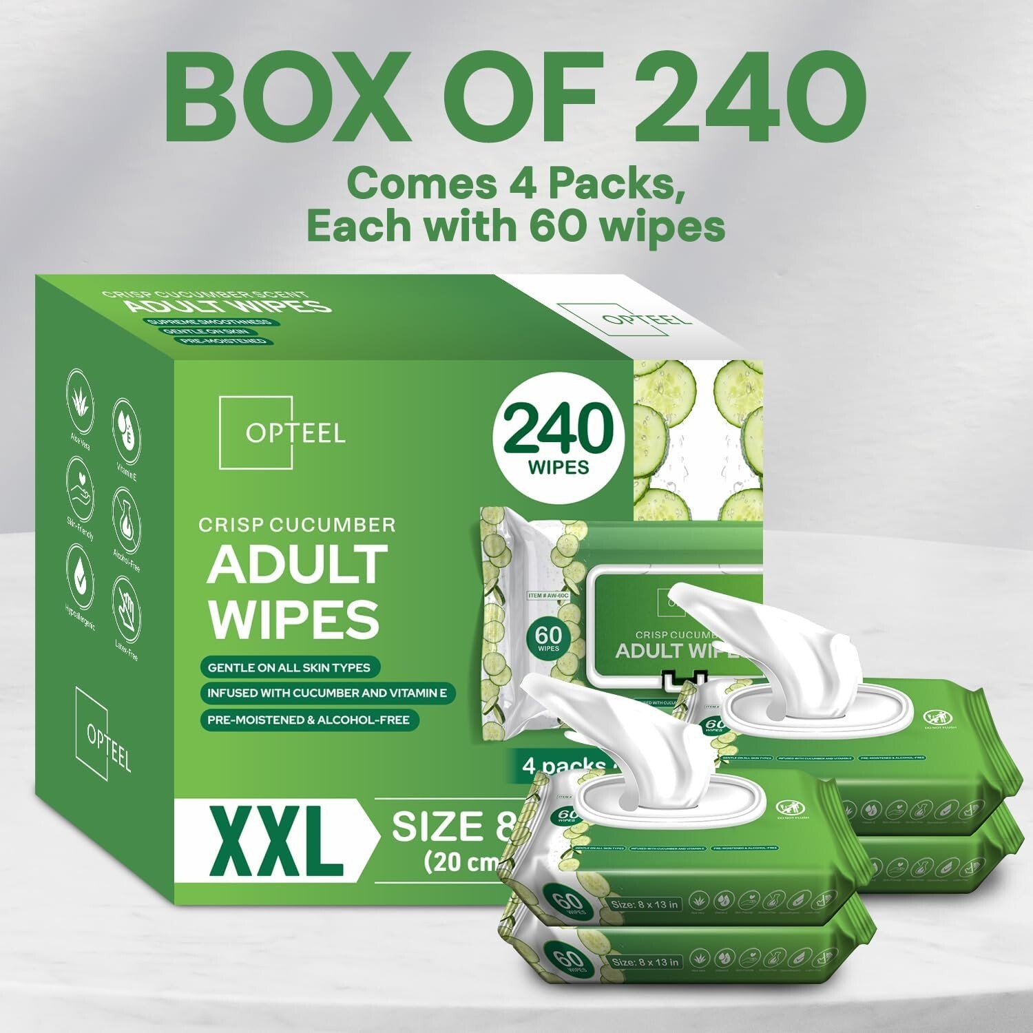 Adult Wipes For Elderly Softly Scented – 8×13″ 240ct (4 Packs of 60)