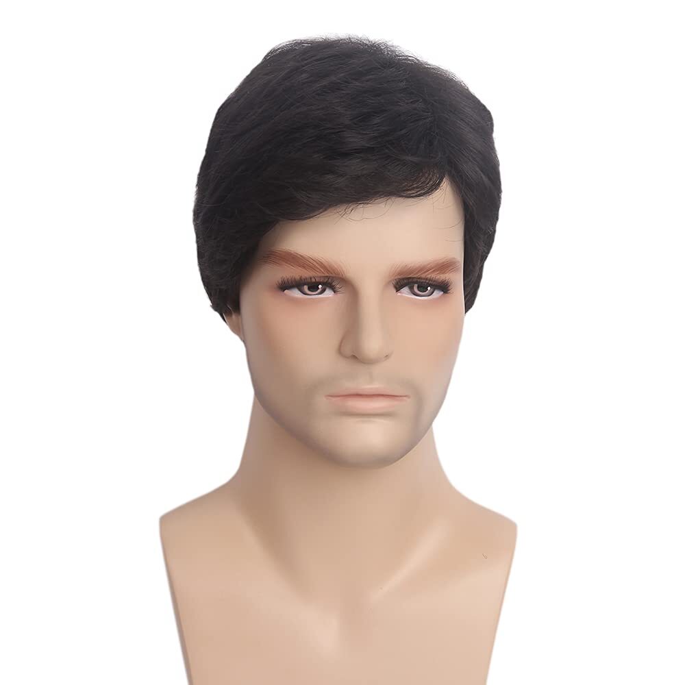 Handsome Adult Men Short Wavy Wig Natural Black Cosplay Party Layered Full Hair