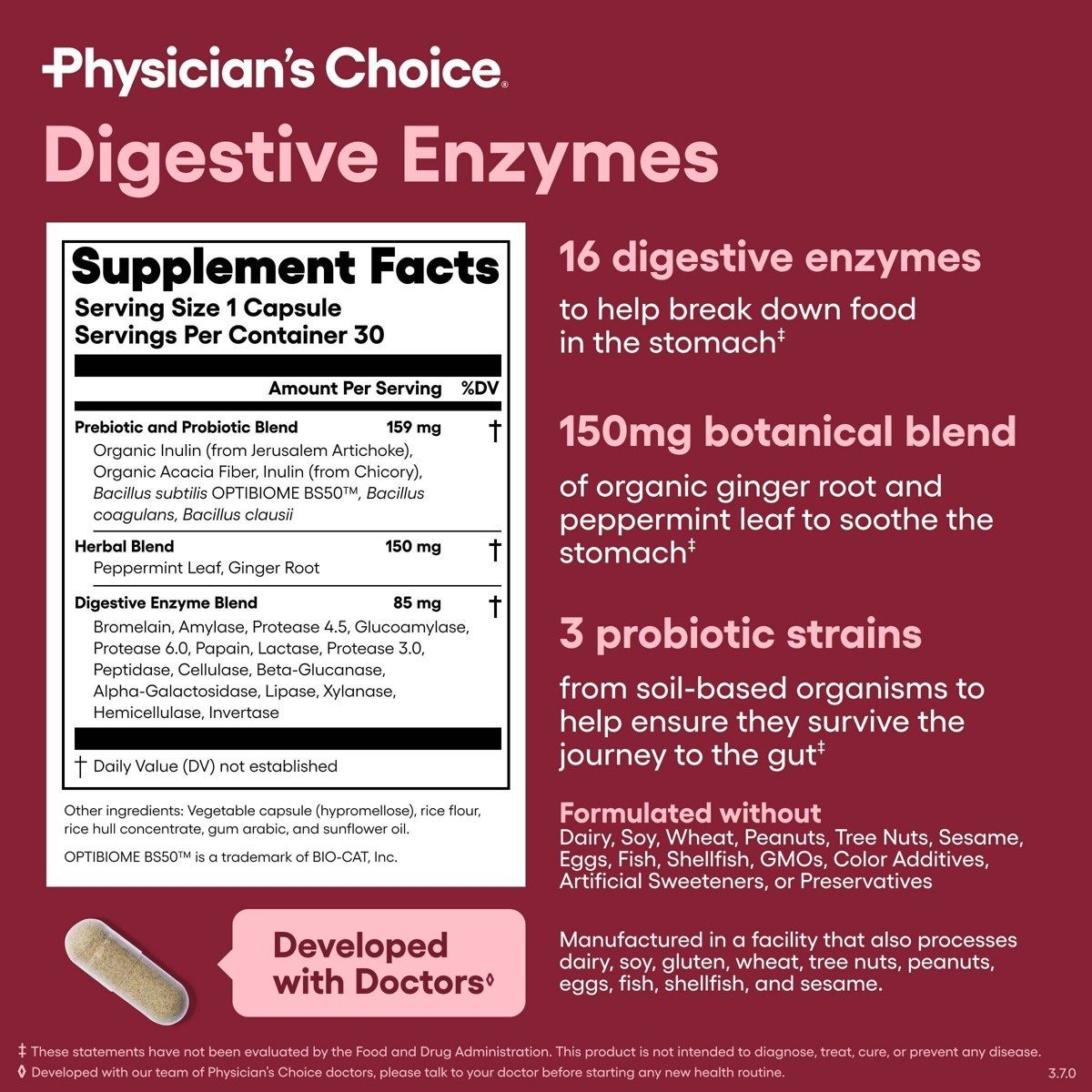 Physician’s Choice Digestive Enzyme Probiotic Capsules – 30ct: 2 Billion CFUs
