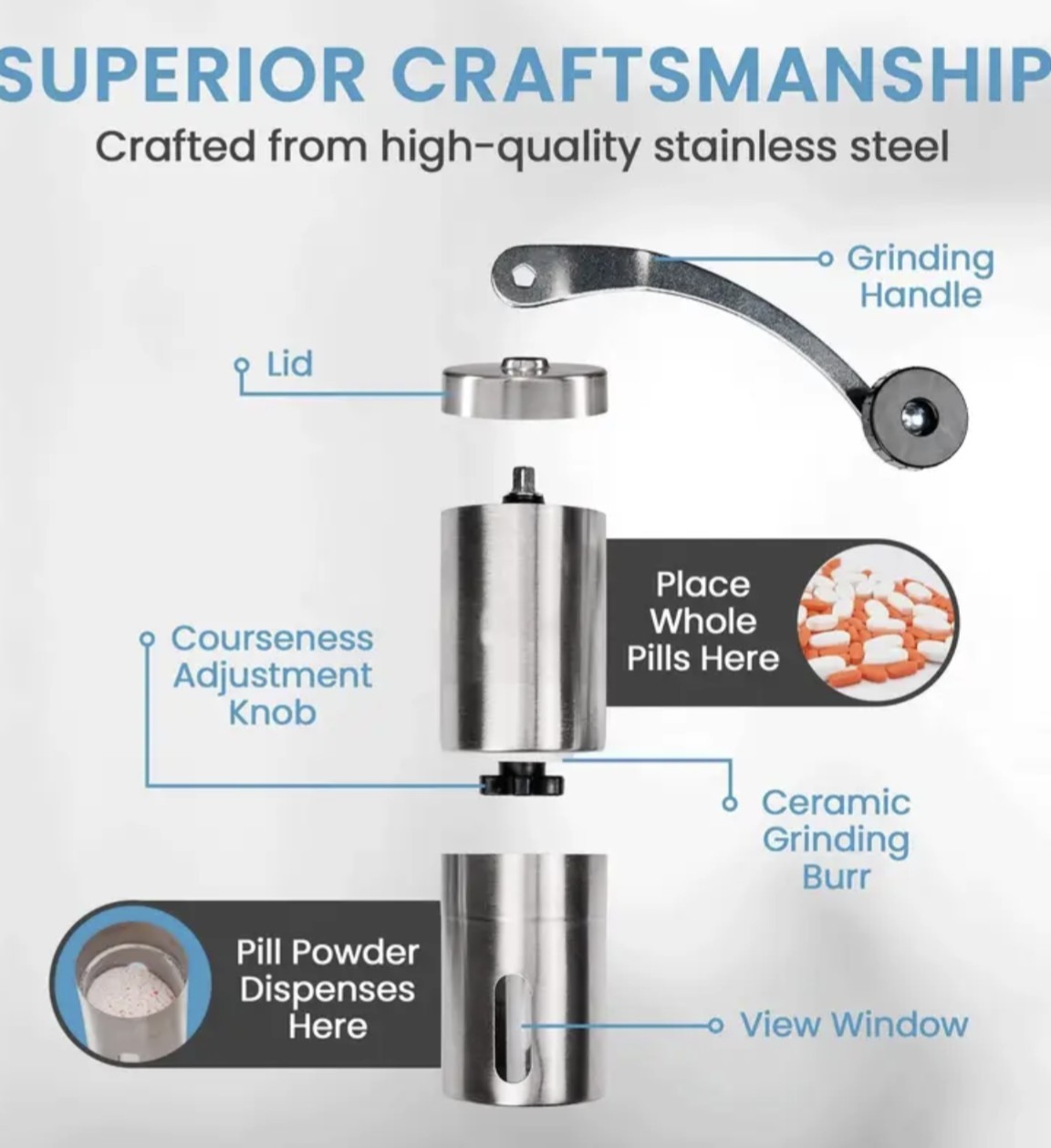 Pill Grinder Stainless Steel Pill & Tablet Crusher / Mill – Compact – Travel