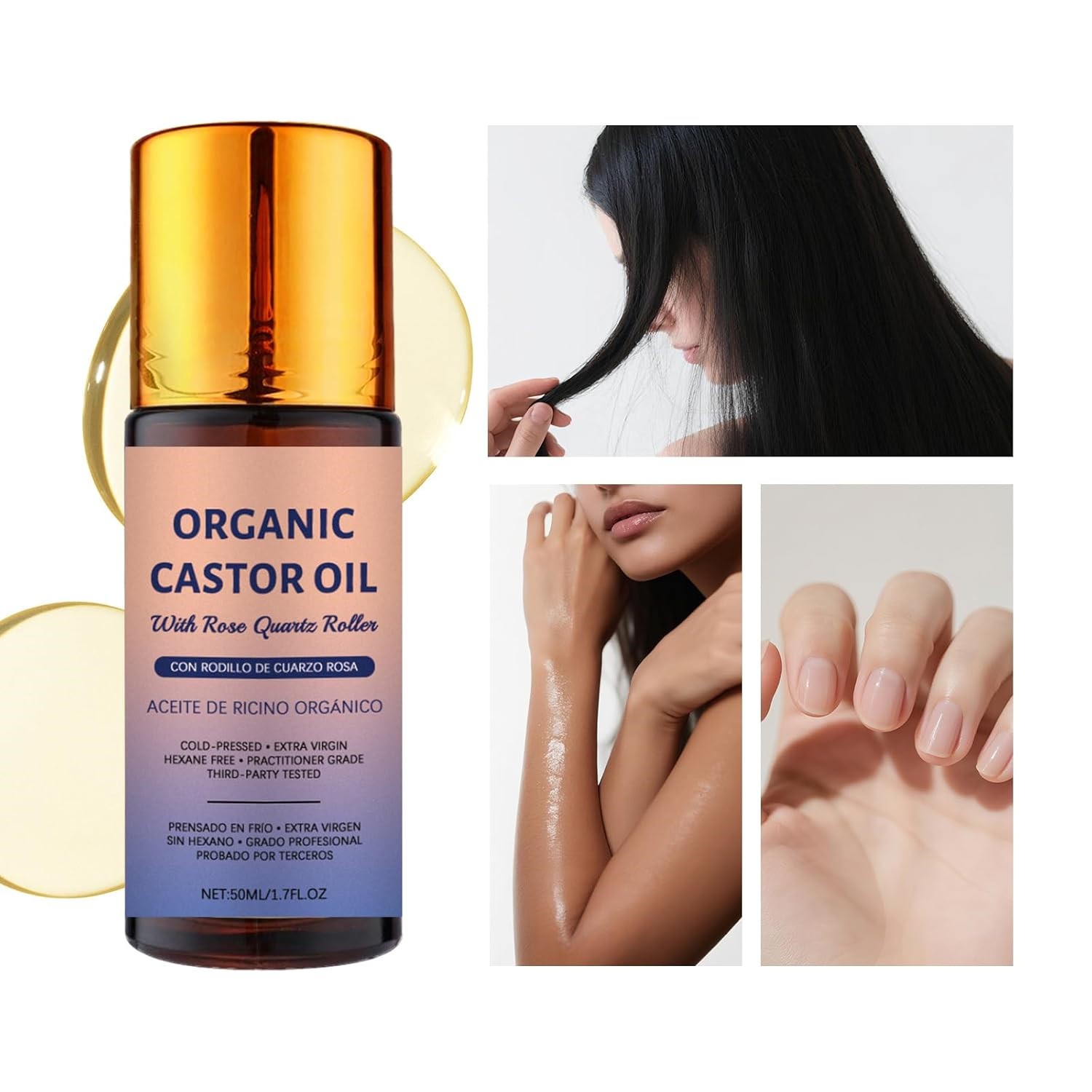 Organic Golden Castor Oil Roll-On with Rose Quartz for Skin,Hair Growth&Wrinkle