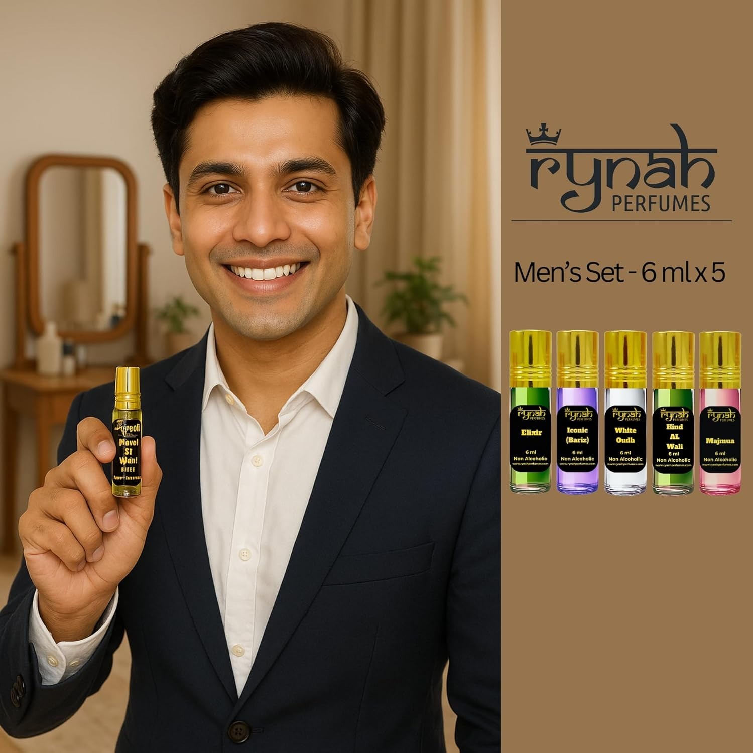 Rynah Attar Perfume Set for Men 5 Non-Alcoholic Long Lasting Ittars