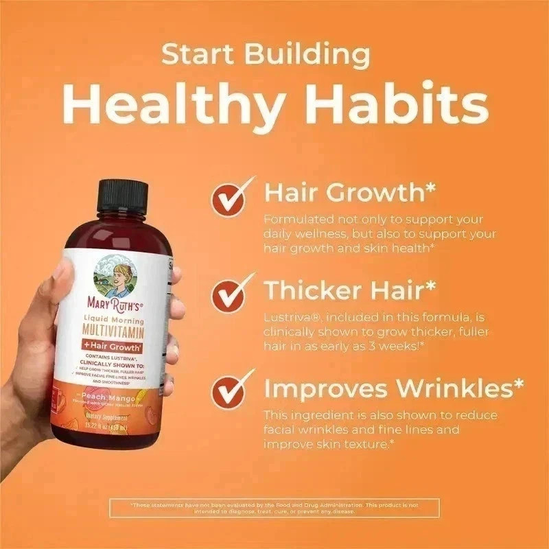 New Mary Ruth’s Liquid Morning Multivitamin Hair + Growth Peach Mango 15.22OZ…