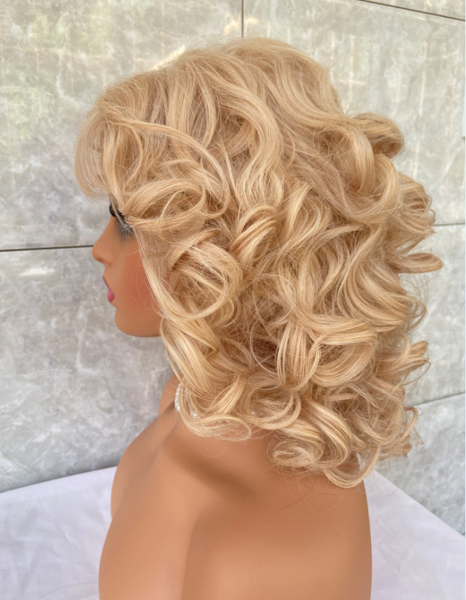 Dollys Partons Fluffy Curly Honey Blonde Mix Synthetic Hair Wigs Women Soft