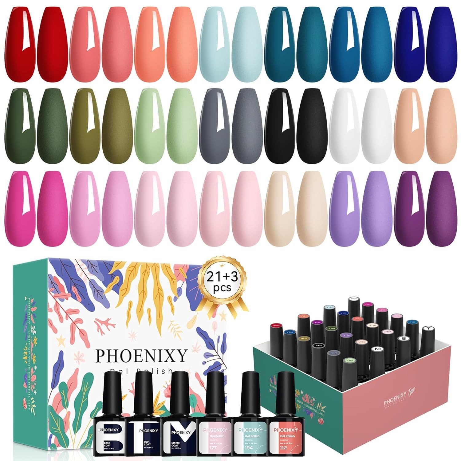 24 PCS Gel Nail Polish Set,21 Colors Gel Nail Polish Kit with Base Glossy Matte