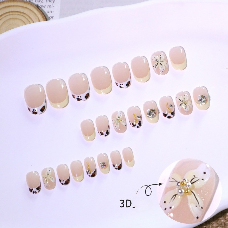 48Pcs-Cow Print 3D Flower Oval Press on Nails Yellow French Rhinestone Fake Nail