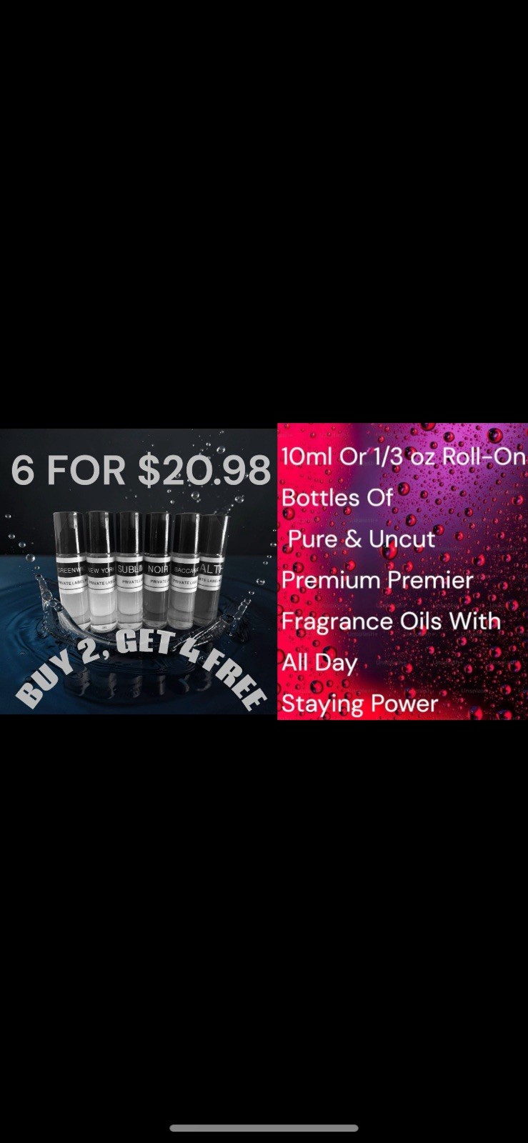 6 For $19.95 MEN Body Oil WOMEN Body Oil & UNISEX Body Oil Fragrances 10 ml
