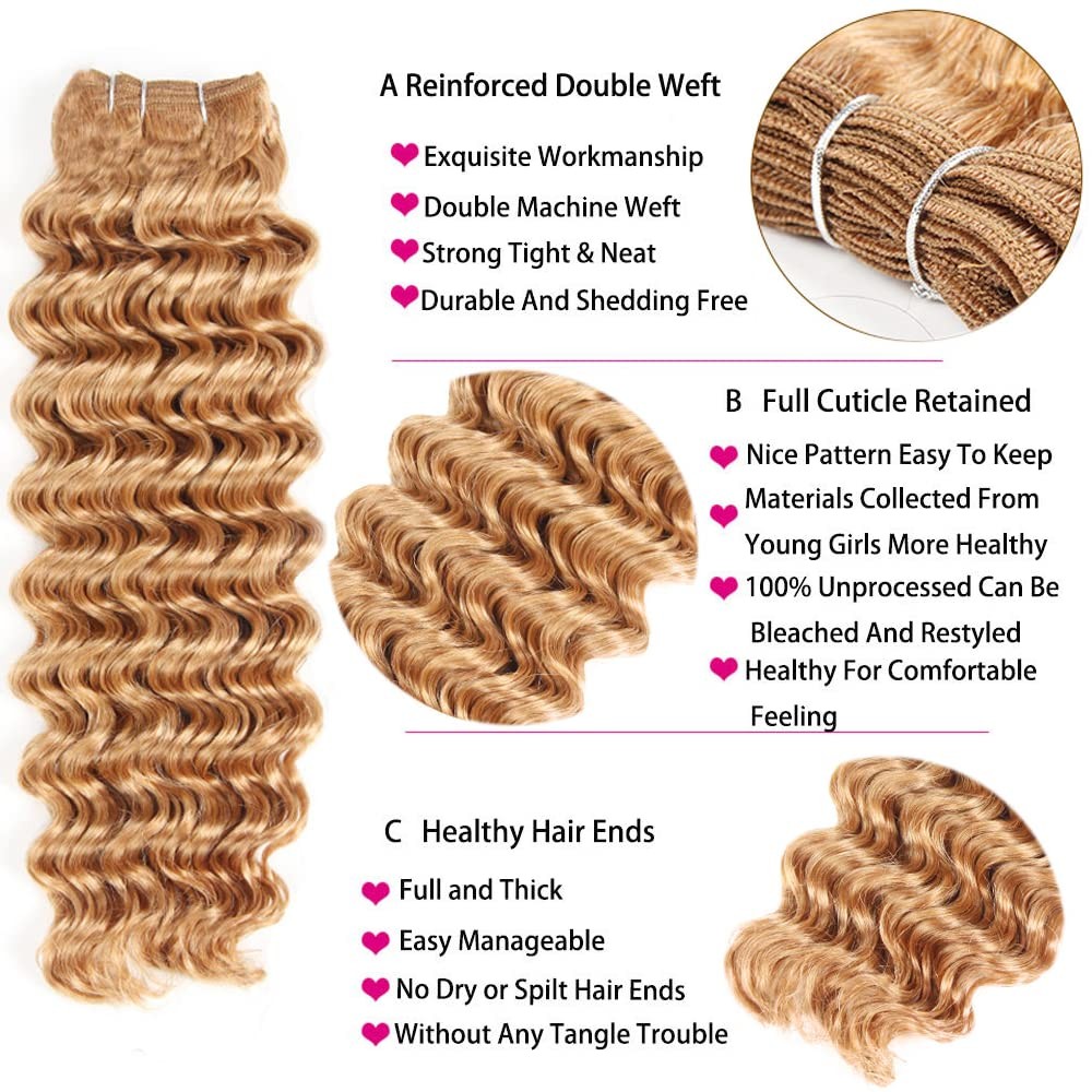 Younghann 24 26 28 Inch Color 27 Bundles Human Hair Honey Blonde Deep Wave