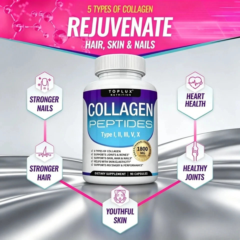 Toplux Nutrition 5-Type Collagen Peptides – Skin & Joint Support, 90 Capsules
