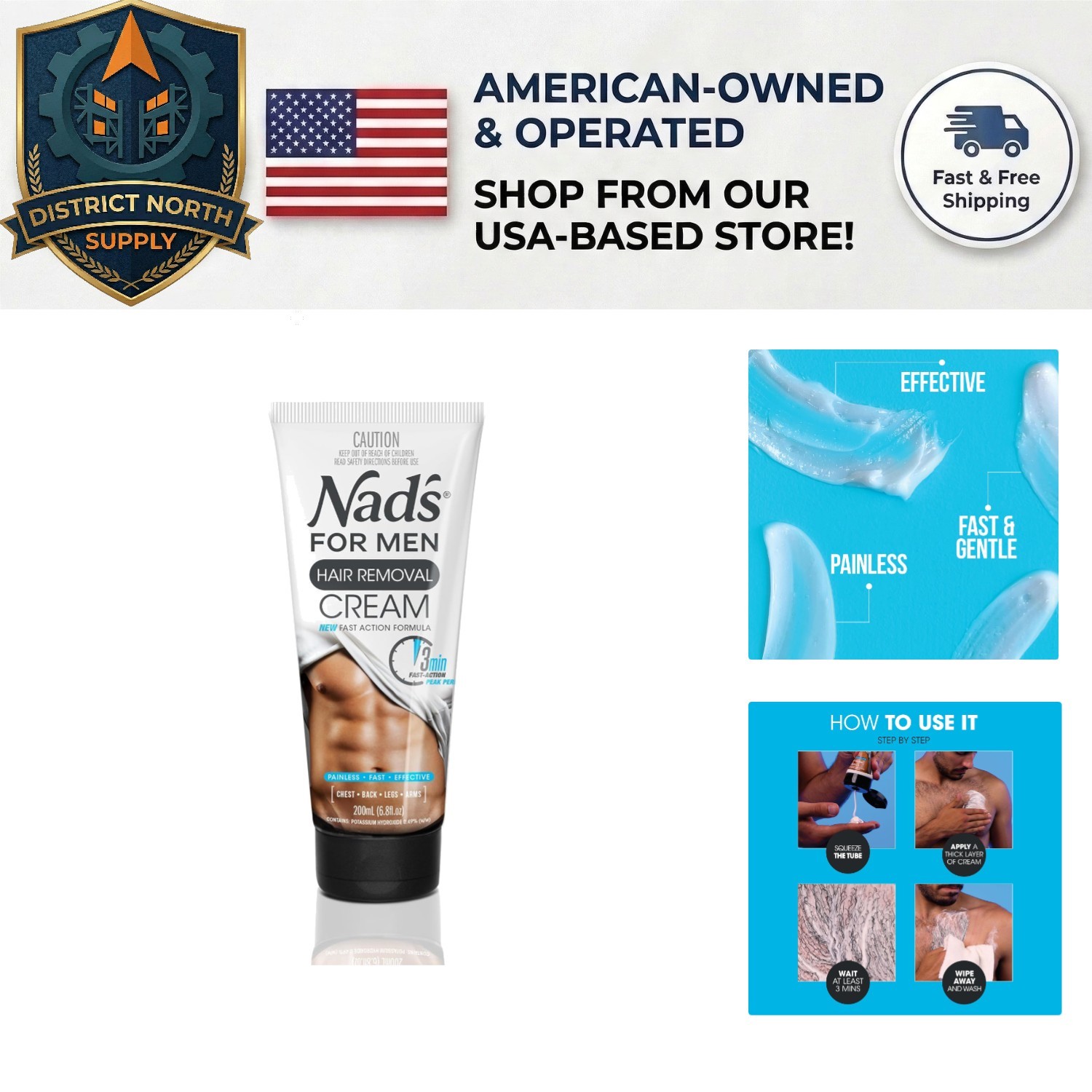 4-Minute Painless Hair Removal Cream for Men – 6.8 Fl Oz with Aloe Vera