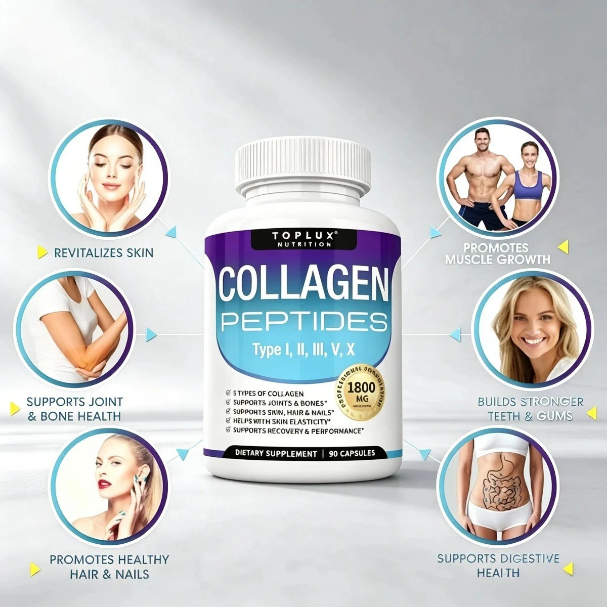 Toplux Nutrition 5-Type Collagen Peptides – Skin & Joint Support, 90 Capsules