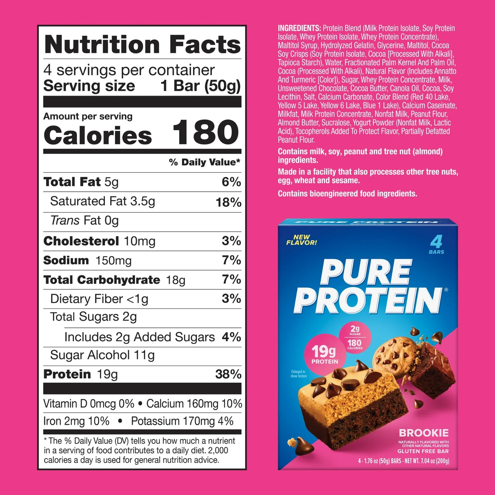 Pure Protein Bar, Brookie Bar, 19g Protein, Gluten Free, 1.76 oz, 4 Ct