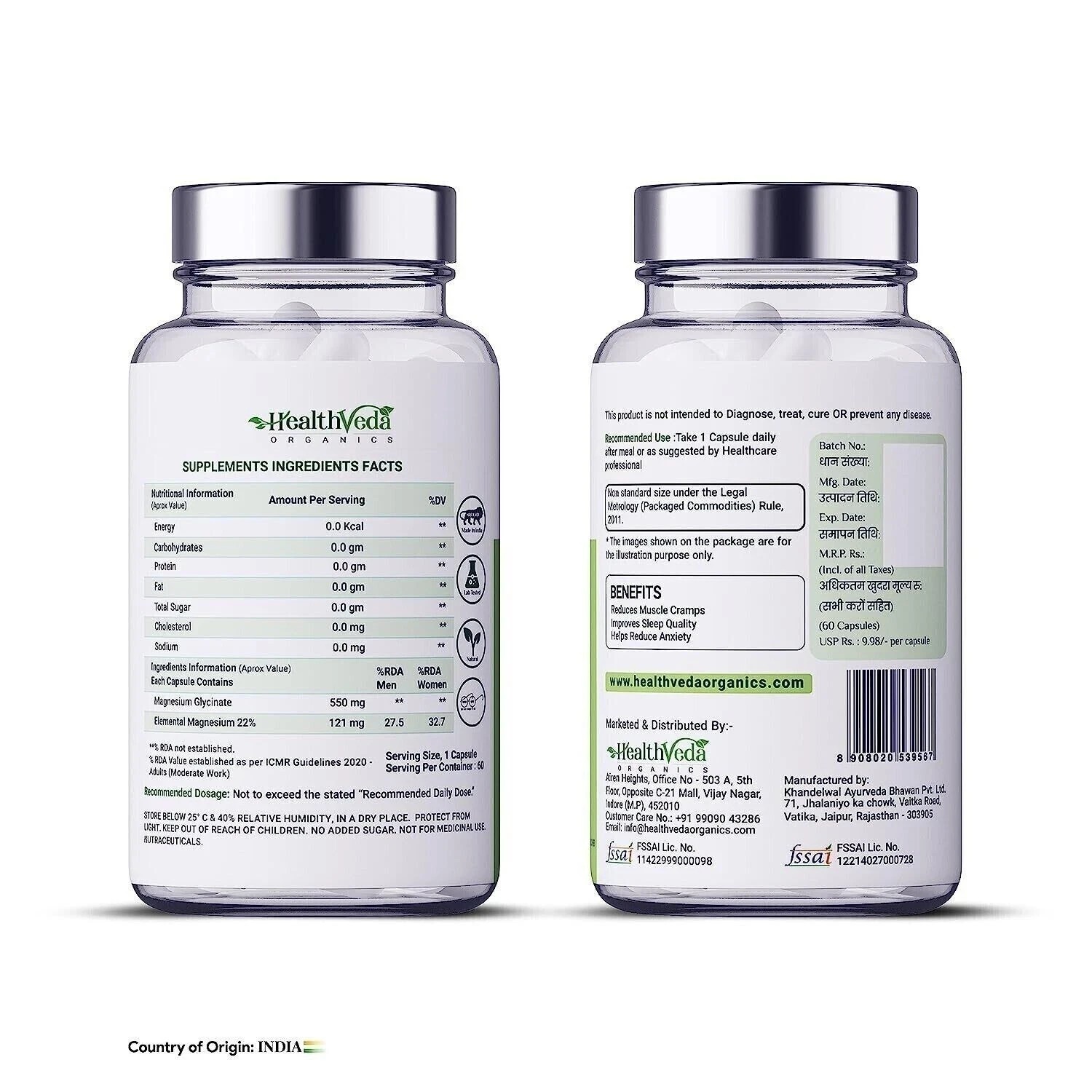 Pure Magnesium Glycinate 550 mg High Absorption Improved Sleep, Stress & Anxiety
