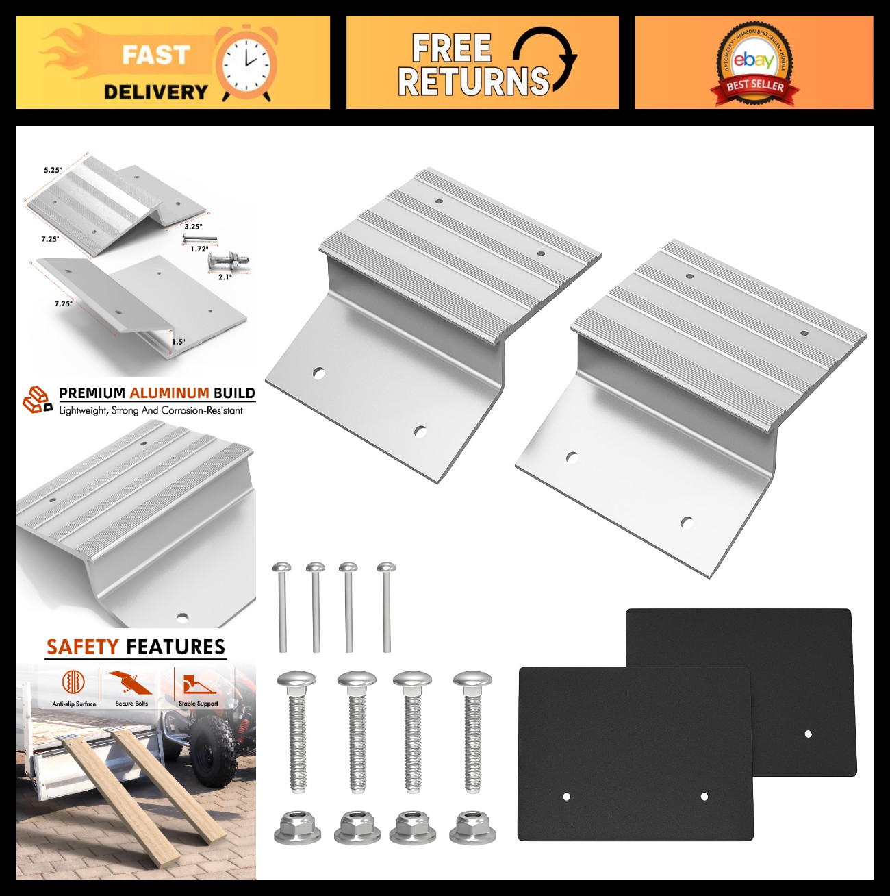 Heavy Duty Aluminum Ramp Top Kit – 2″x8″ Loading Ends for Truck, ATV, Motorcycle