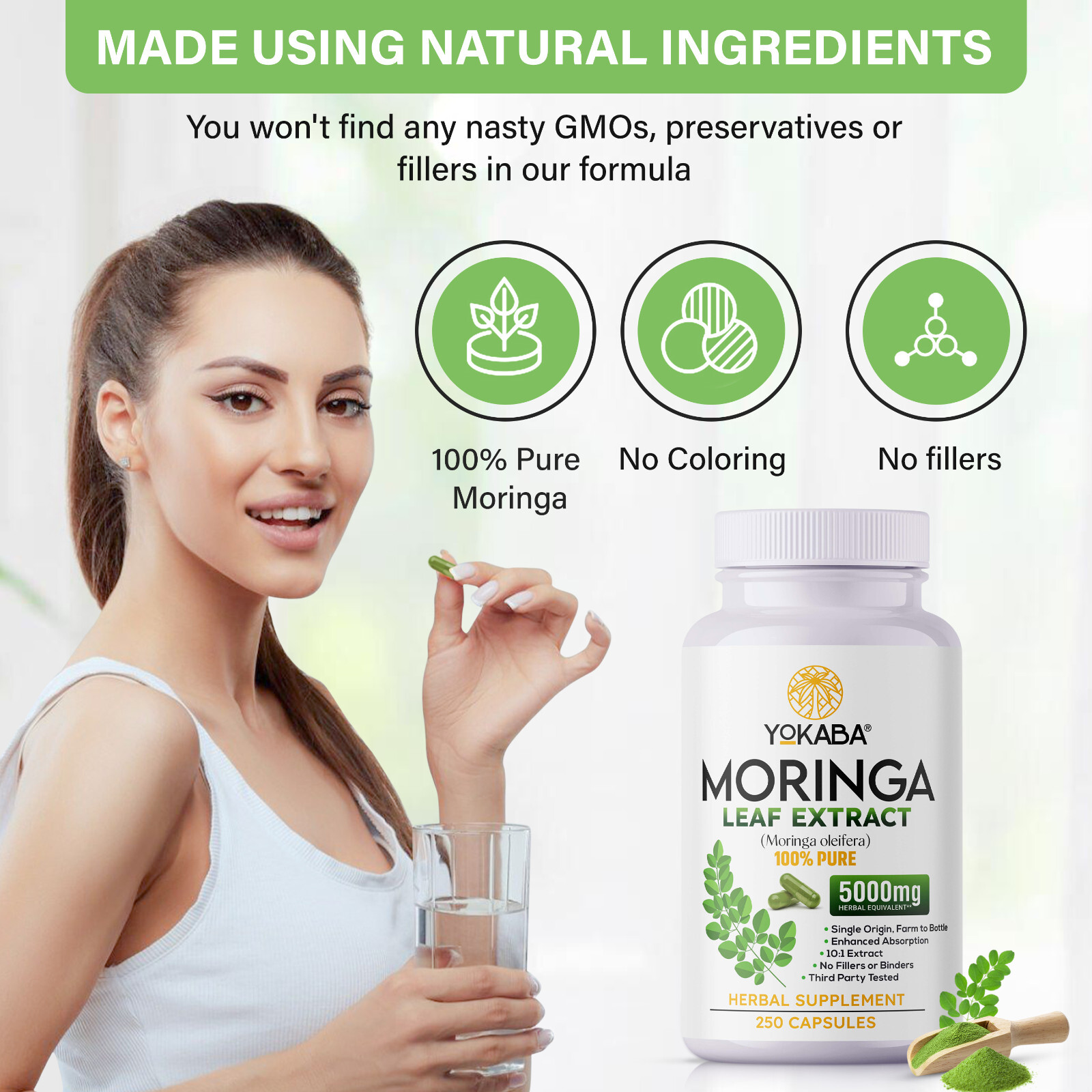 250 Capsules Moringa Oleifera Leaf Powder 5000mg – Organic Herbal Extract YOKABA