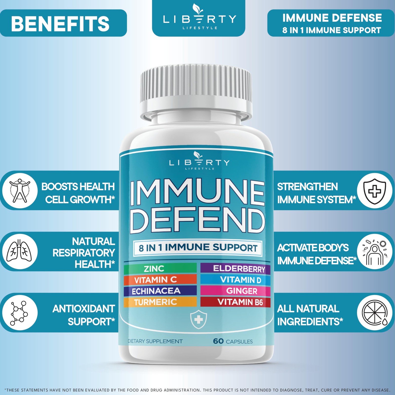 Liberty Lifestyle 8 in 1 Immune Supplement with 60 Count (Pack of 3)
