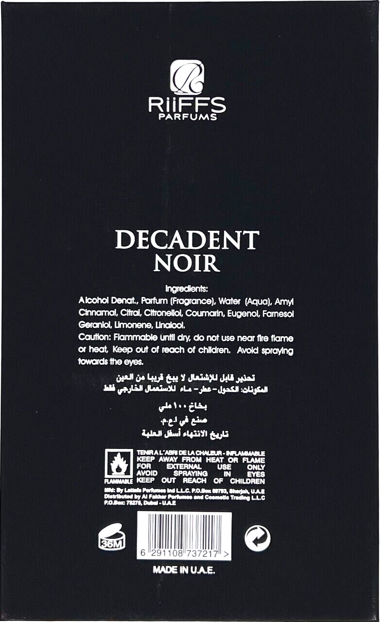 RIIFFS DECADENT NOIR EAU DE PARFUM SPRAY FOR MEN 3.4 Oz / 100 ml BRAND NEW ITEM!