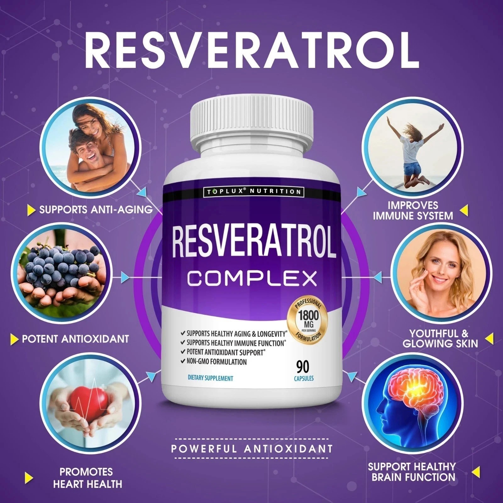 Toplux Resveratrol Complex,1800mg Natural Antioxidant,Cellular Health 90 Caps